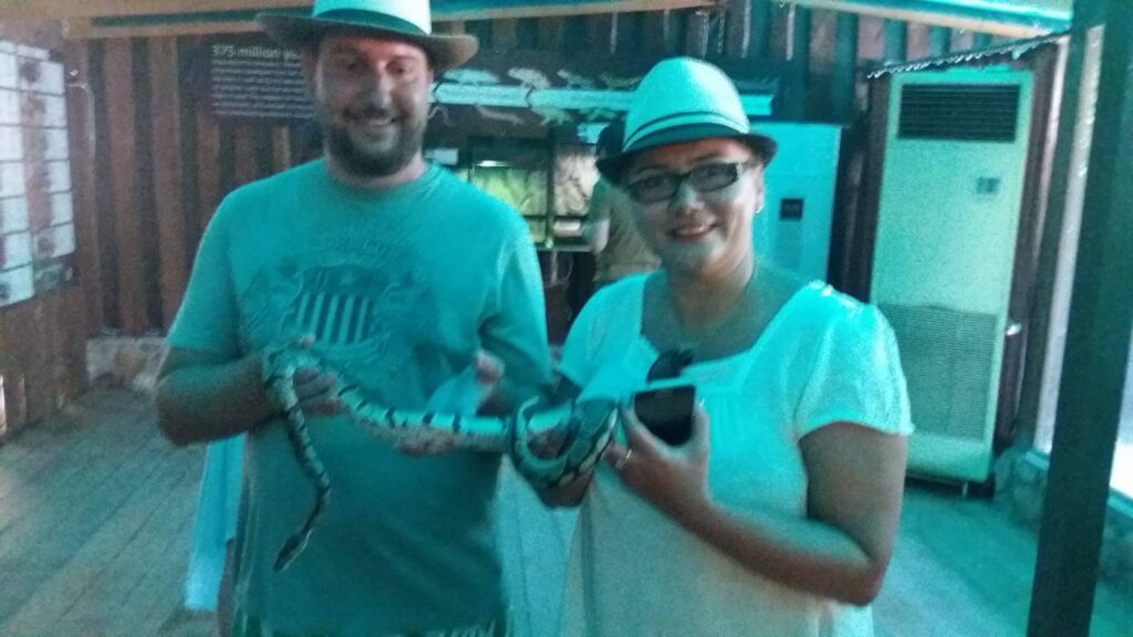 Poseban doživljaj u akvarijumu Paleokastrice – zmija u rukama posetioca, okružena tirkiznim akvarijumom i šarenim ribama, istraživanje neobičnog i divljeg.